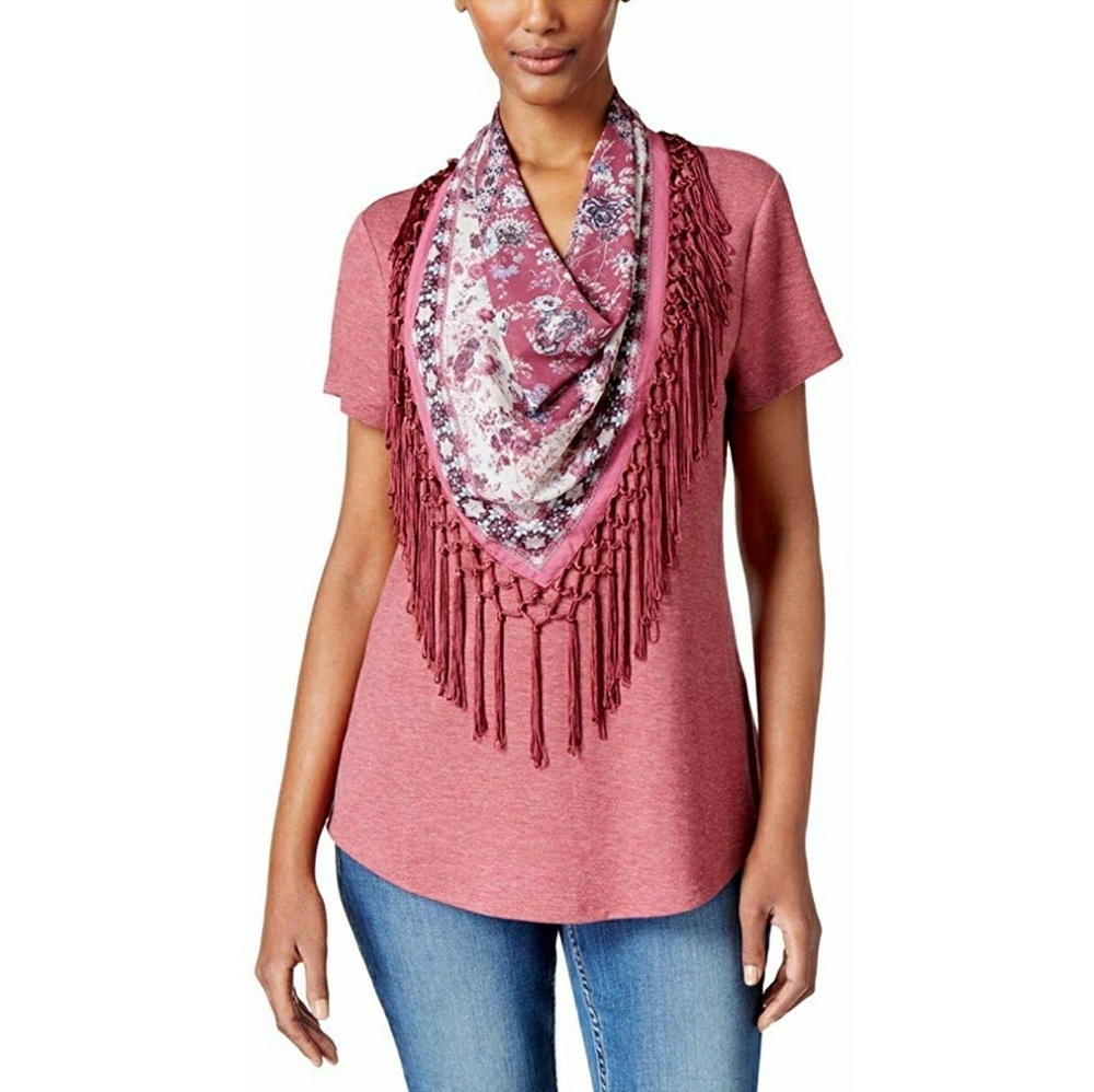 Style & co Women T-Shirt With Fringe Scarf Sz S - Picture 1 of 8